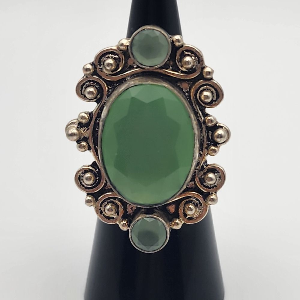 Sterling Silver & Green Crystal Ring (5.5)